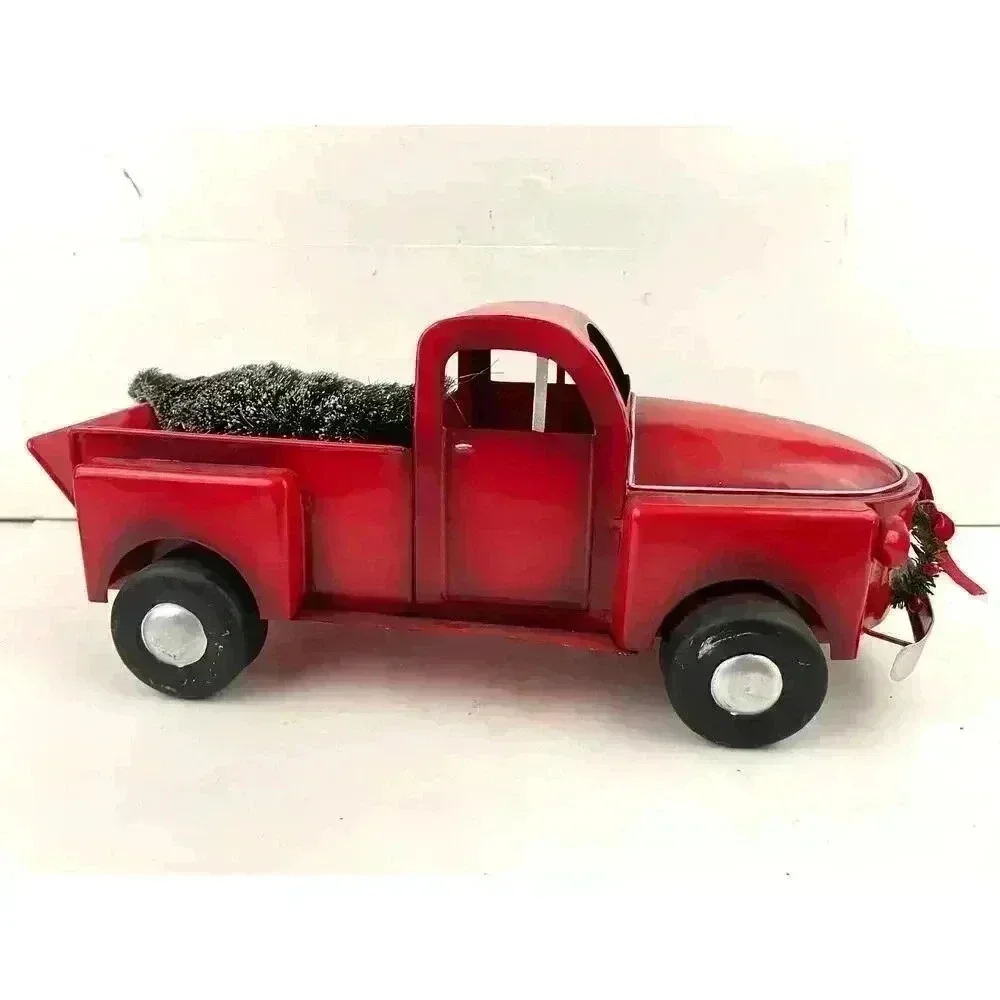 Red Pick Up Truck With Christmas Tree Rustic Metal Farmhouse Decor‎ Display